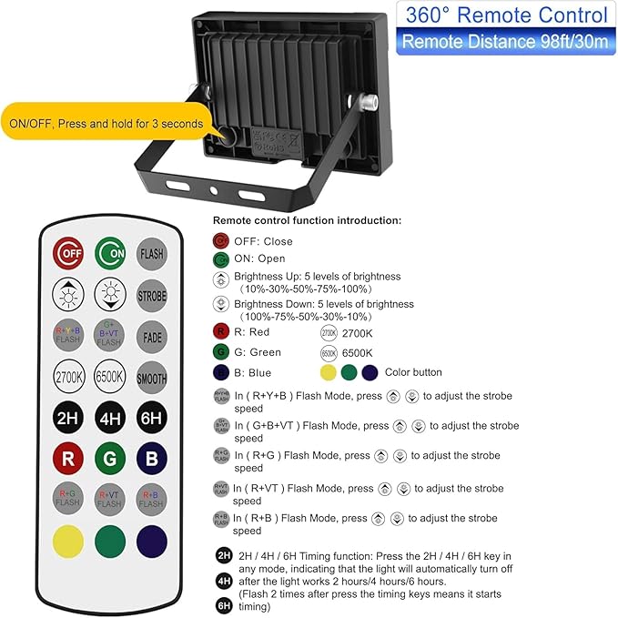CLY Solar LED Flood Light Outdoor RGBCW Color Changing Floodlight with RF Remote, RGB 2700K 6500K Dimmable,16.4ft Cable IP66 Waterproof Solar Powered Security Light for Garden Tree Christmas Party