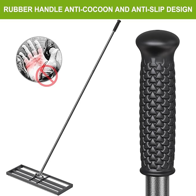 Lawn Leveling Rake with Rounded Edges, 30 x 10'' Leveling Rake with Tines for Soil, Heavy Duty Lawn Leveling Tool with 7FT Handle, Yard Leveling Rake for Farm, Garden, Backyard