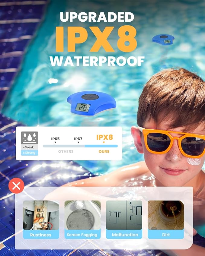 BALDR Pool Thermometer Floating Easy Read, IPX8 Waterproof, Solar Powered Digital Pool Thermometer with LCD Screen for Swimming Pool/Hot Tub/Aquarium (Navy)