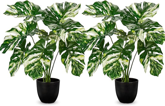 Hollyone Artificial Monstera Plant 17" Faux Monstera Deliciosa Plant in Black Pot Fake Swiss Cheese Tropical Plant Potted for Indoor Outdoor Floor Home Office Living Room Decor, 2 Pack