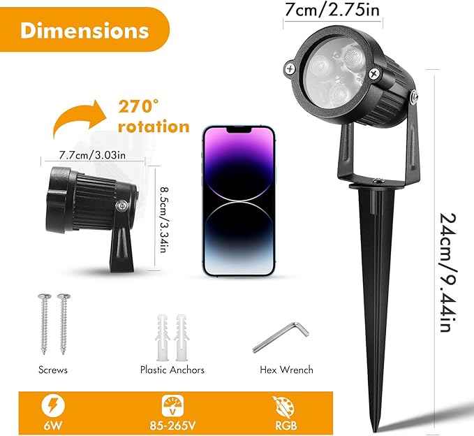 LemonBest Landscape Lighting - 6W RGB Color Changing Halloween Landscape Lights 120V Christmas Outdoor LED Spotlight with Remote Control Waterproof Spot Lights for Yard Garden Patio Driveway (1 Pack)