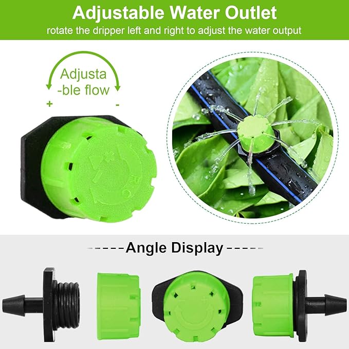 Kalolary 200Pcs Adjustable Irrigation Drippers, 1/4 Inch Barbed Drip Emitter 360 Degree Watering Sprinklers Anti-Clogging Drippers for 4mm/7mm Garden Watering System（Green）