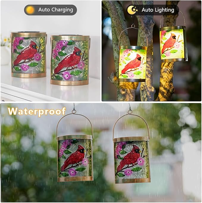 Starsoul 2 Pack Hanging Solar Lantern Outdoor Waterproof Glass Red Cardinal Decorative Solar Lights for Outside Garden Yard Table Patio Decor Cardinal Gifts