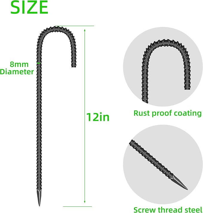 18 Pieces 12-Inch Garden Ground Stakes Galvanized Steel J Shape Hook Rebar Stake - Heavy Duty Anchors for Tents, Position Kits,Fences, and Trampolines