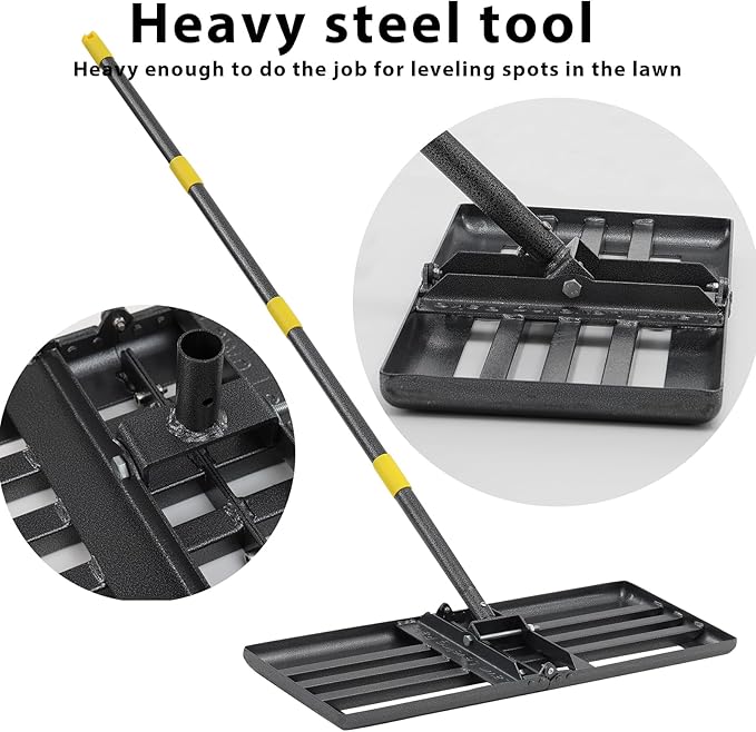 Lawn Leveling Rake, Heavy Duty Levelawn Tool for Garden Level Soil or Dirt Ground Surfaces Easily, 26” x 10” Ground Plate, Steel Handle Length is 65 inch