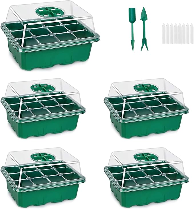 5 Packs Seed Starter Tray, 60 Cells Seed Starter Kit with Humidity Dome Seed Starting Trays Plant Starter Kit and Base Mini Greenhouse Germination Kit for Seeds Growing Starting