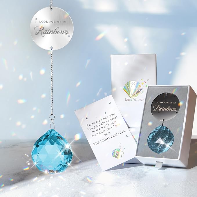 Memorial Gifts for Loss of Loved One, Unique Sympathy Gift Idea Sky Blue Crystal Ball Window Suncatcher, Rainbow Bereavement Grief Gift Box for Loss of Mom Dad Husband Son Daughter