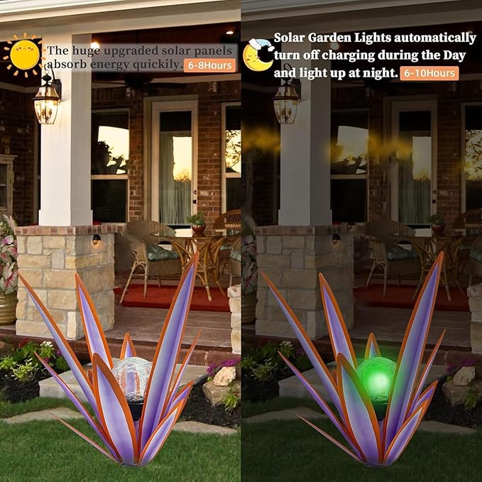 Metal Agave Plant Garden Art, 2 Pack Tequila Rustic Sculpture, Rustic Metal Agave Plants Garden Lawn Home Ornaments, for Yard Stakes, Garden Figurines, Outdoor Patio (2 PCS Purple with Light)