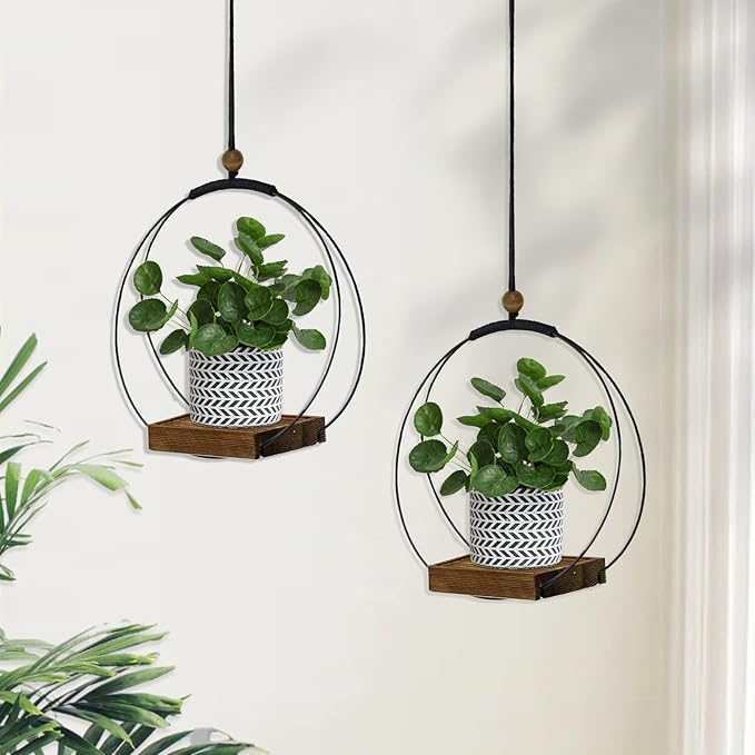 2 Pack Hanging Planters for Indoor Plants, Black Plant Hanger with Sturdy Wood Base, Modern Boho Macrame Hanger, Wall Ceiling Window Planters (Plants/Pots Not Included)