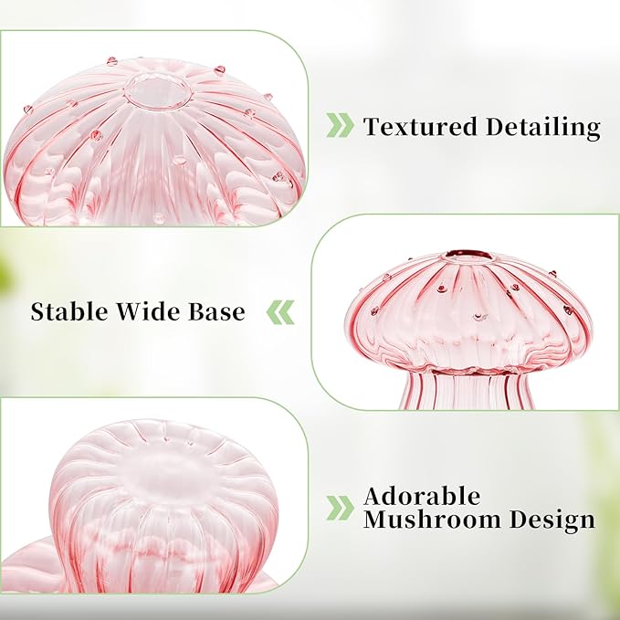 Glasseam Mushroom Plant Propagation Stations: Pink Glass Terrarium Jar Set of 10 Cute Planters for Indoor Plants Mini Propagate Station Unique Christmas Birthday Gifts for Women Home Office Decor
