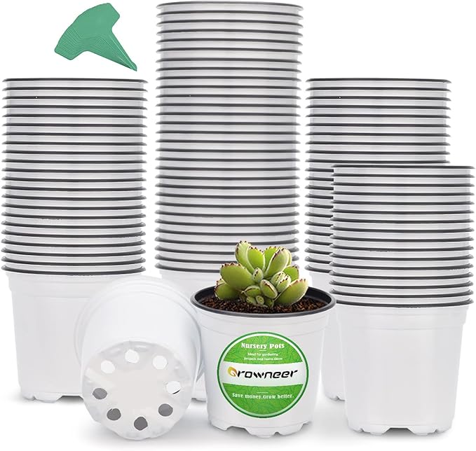 GROWNEER Nursery Pots 120 Packs 4 Inch Plastic Planting Pot with 15 Pcs Plant Labels, Seed Starter Kit Flower Planter Container for Succulents, Seedlings, Cuttings, Transplanting, White