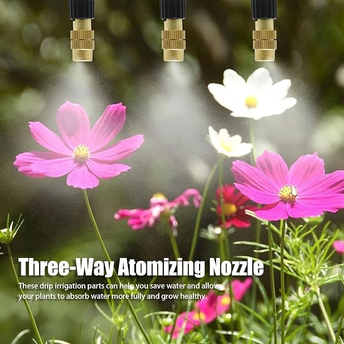 3-Way Atomizing Nozzle with Drip Irrigation Connector Irrigation Nozzle for 1/4-inch Drip Tubing Brass Misting Nozzles Tees for Gardens, Irrigation, Greenhouses, Lawns (20 PCS)