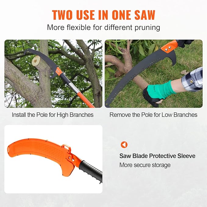 VEVOR Manual Pole Saw, 7.3-27 ft Extendable Tree Pruner, Sharp Steel Blade High Branches Trimming, Manual Branch Trimmer with Lightweight 8 Fiberglass Handles, for Pruning Palms and Shrubs