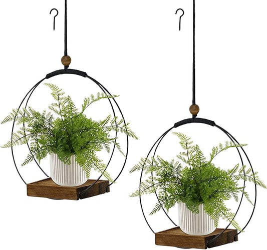 2 Pack Hanging Planters for Indoor Plants, Black Plant Hanger with Sturdy Wood Base, Modern Boho Macrame Hanger, Wall Ceiling Window Planters (Plants/Pots Not Included)