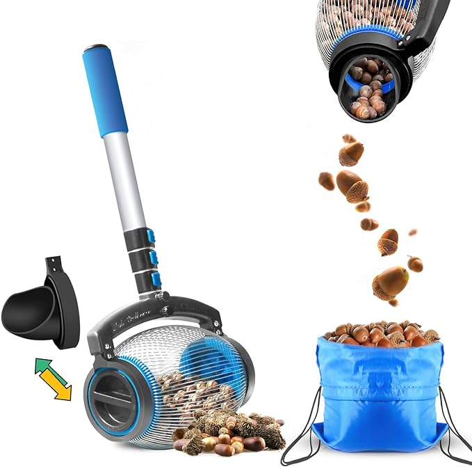 Zozen Acorn Picker Upper Roller, 2 Dumping Method | Acorn Dedicated Version - High Density Steelwire Gap | Also Apply to Nerf Balls, Pick Up Size 3/8'' to 1'' Small Diameter Objects, Capacity 1 Gallon
