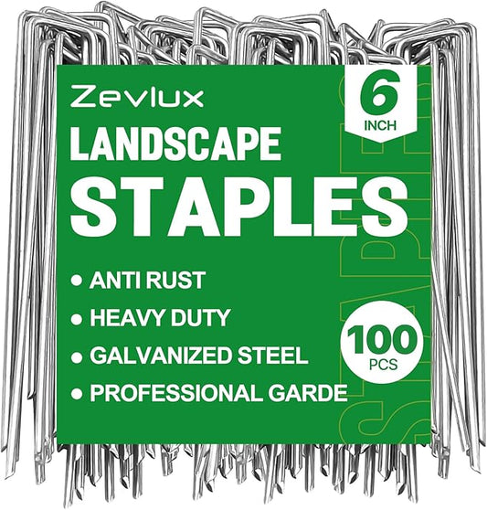 Landscape Staples Zevlux Garden Staples 6 Inch 100Pcs Galvanized Heavy-Duty Sod Pins Anti-Rust Fence Stakes for Weed Barrier Fabric, Ground Cover, Irrigation Tubing, 11 Gauge, 100 Pcs