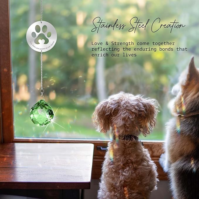 Dog Memorial Gifts, Unique Loss of Pet Sympathy Idea, Green Crystal Ball Rainbow Suncatcher with Paw Print for Cat or Dog Remembrance and Bereavement