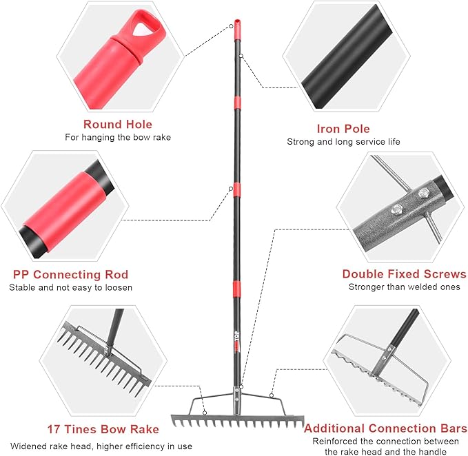 17 Tines Garden Rake Heavy Duty Bow Rake with Adjustable Handle Metal Rake for Gardening Farming
