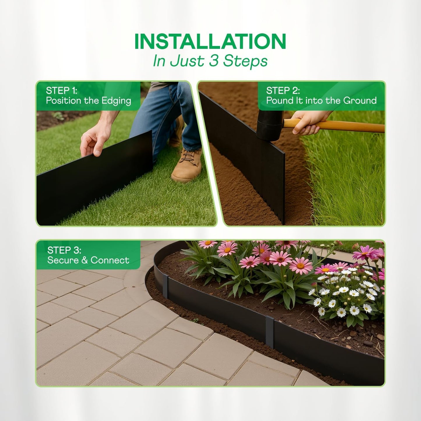 IDZO Black Metal Landscape Edging 8" H, Weather-Resistant Steel Garden Border, Flexible Lawn Barrier, Easy Installation for Flower Beds, Paths, Driveways, and Outdoor Spaces - 6 Pieces