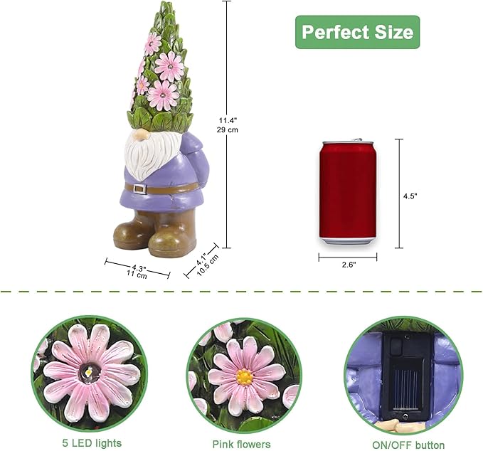 Nacome Solar Garden Outdoor Statues Gnome with Succulent and 7 LED Lights - Lawn Decor for Patio, Balcony, Yard Ornament - Unique Housewarming Gifts