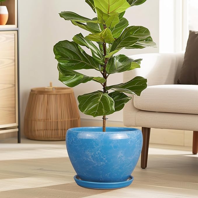 10 Inch Planter Pot - Ceramic Pots for Plants with Drainage Hole and Saucer, Round Large Flower Pot for Indoor Plants, Blue