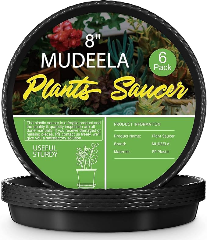 MUDEELA 6 Pack of 8 inch Plant Saucer, Durable Plastic Plant Trays for Indoors, Black Plastic Flower Plant Pot Saucer, Made of Thicker, Stronger Plastic, with Taller Design