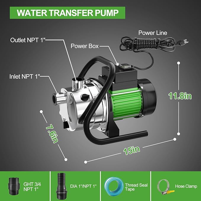 Water Transfer Pump 1.6HP 1800GPH Shallow Well Pump Electric Garden Pressure Booster Pumps for Pool Draining Farm Irrigation Lake Lawn Sprinkler System