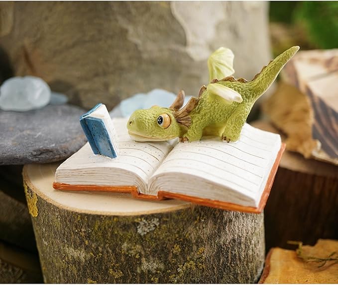 Top Collection Miniature Fairy Garden and Terrarium Mini Dragon Reading Figurine, Green White