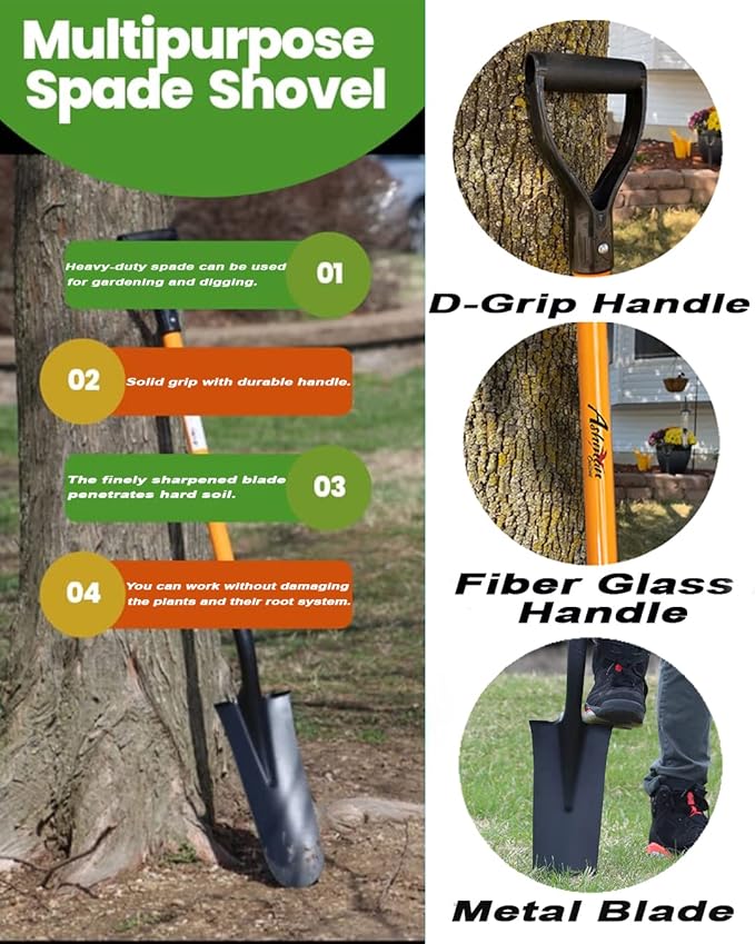 Ashman Drain Spade Shovel (Pack of 6) - 48-Inch Long D Handle Spade - Heavy Duty Handle with Thick Metal Blade - Premium Quality Orange Multi Purpose Shovel.