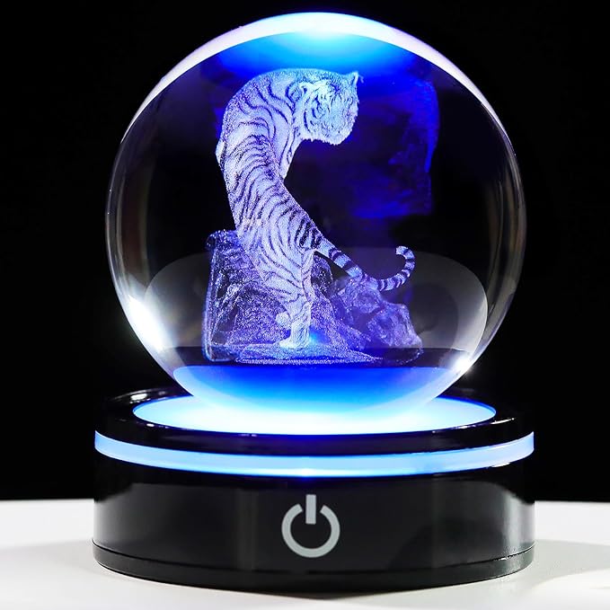 YWHL 3D Tiger Figurine Crystal Ball with Colorful Light Base, Tiger Gifts for Women Men, 3D Laser Engraved Full Sphere Glass Decorative Ball for Home Office (80mm)