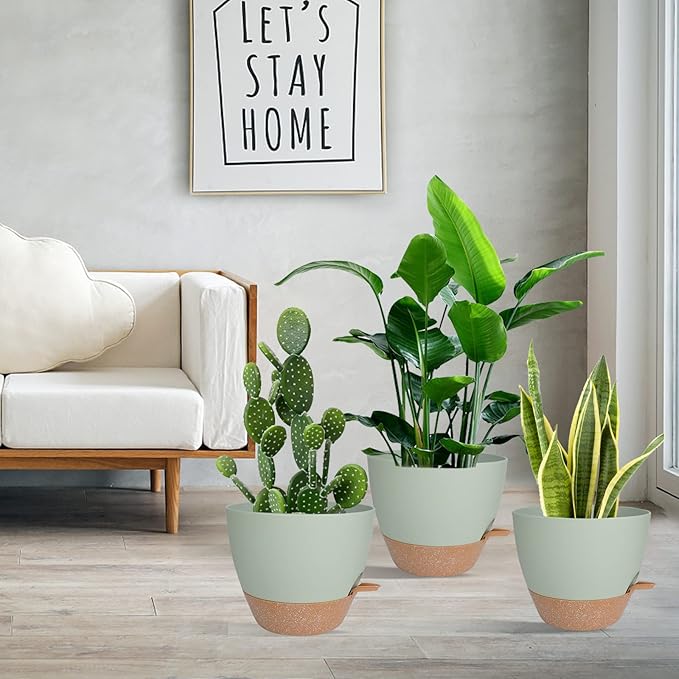 Planters for Indoor Plants, 10/9/8 Inch Self Watering Plant Pots with Drainage Hole, Plastic Planters Flower Pots for Indoor Outdoor Plants (Green)