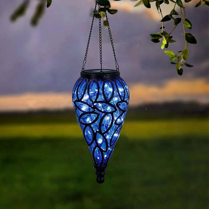 Solar Hanging Lantern Outdoor Lights, Tear-Shaped 15 LEDs Cool White Hanging Lights with S Hooks Decor in Garden, Yard, Pathway, Front Door and Landscape