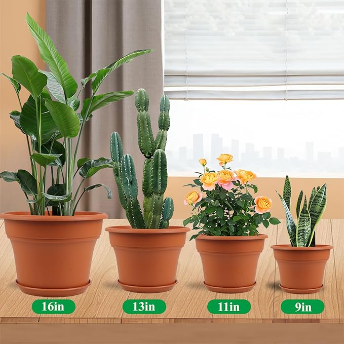9 Inch Plastic-Flower Pot-for-Indoor Plants, 4 Pack Large Outdoor Planter Pot with Drainage Holes & Saucers, Resin Decorative Garden Pots Planters