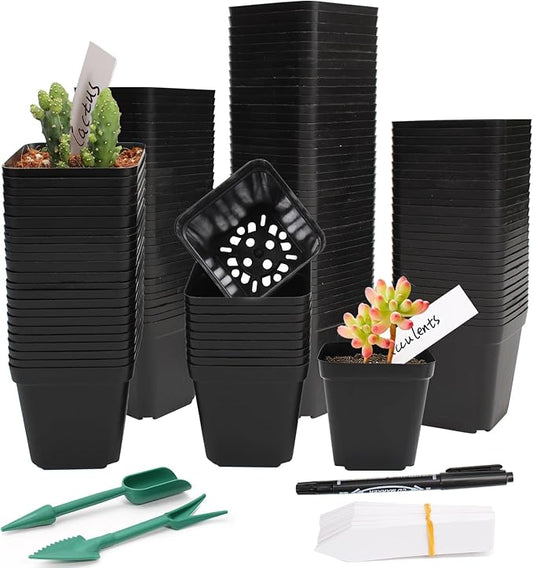 100Pcs Square Nursery Pots 2.6 Inch Flexible Plastic Seedling Pots Small Plant Pots Thick Seed Starter Pots for Plants, Succulent, Flower with 60Pcs Plant Labels