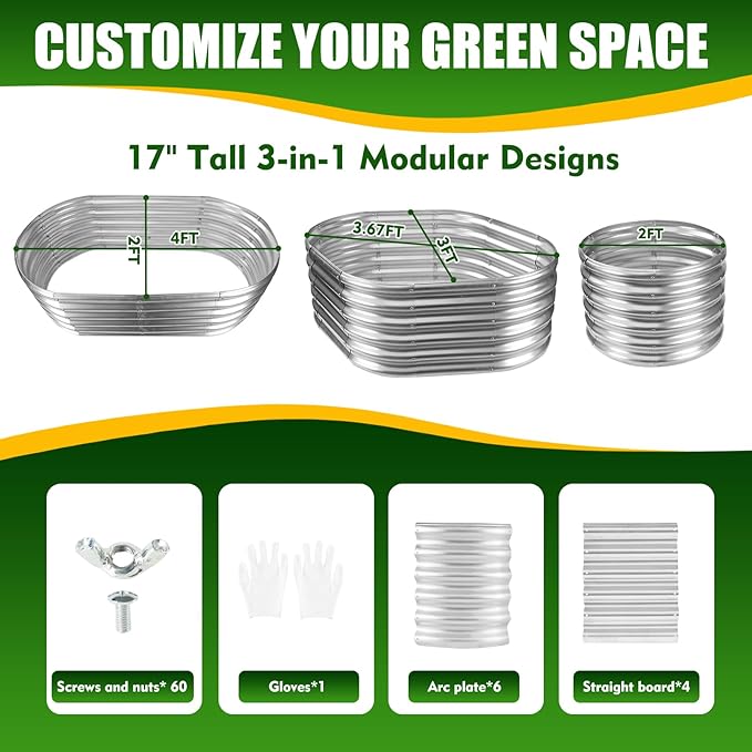 17" Tall Elevated Oval Metal Raised Garden Bed - 4ft x 2ft in Size and 0.8MM Thick Durable Planter Bed/Box for Vegetables Flowers Succulent at Patio/Garden Outdoor (Silver, 4X2X1.4 FT)