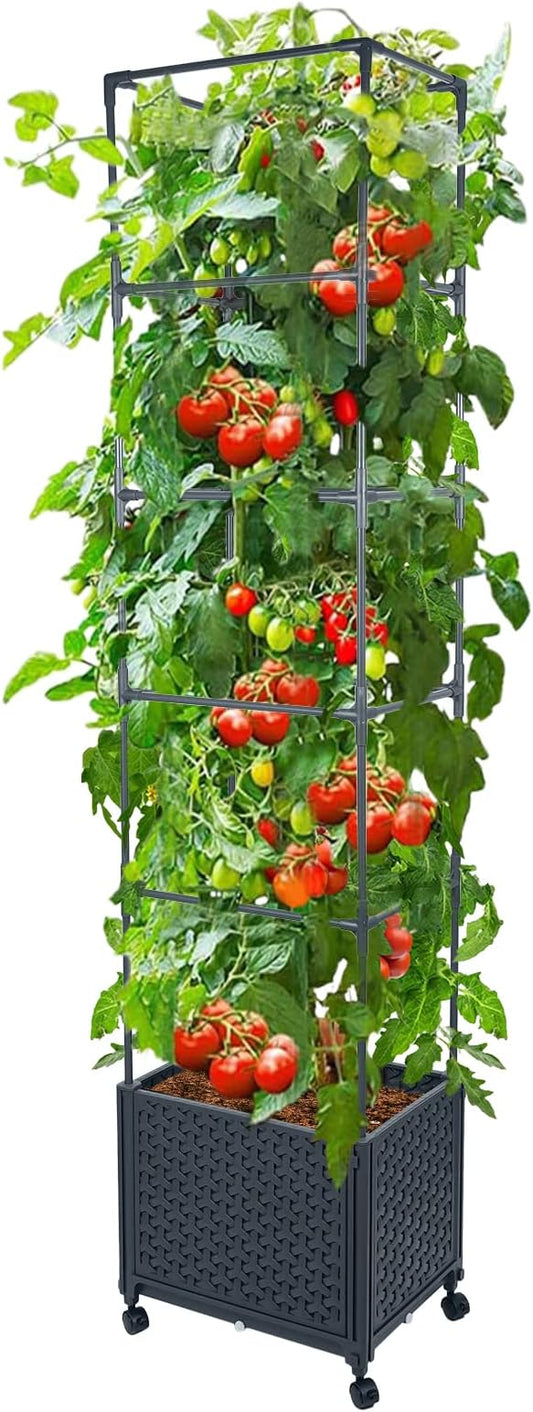 GREEN MOUNT Raised Garden Bed Planter Box with Trellis for Climbing Vegetables Plants, 67.6" Outdoor Tomatoes Planters Tomato Cage w/Wheels