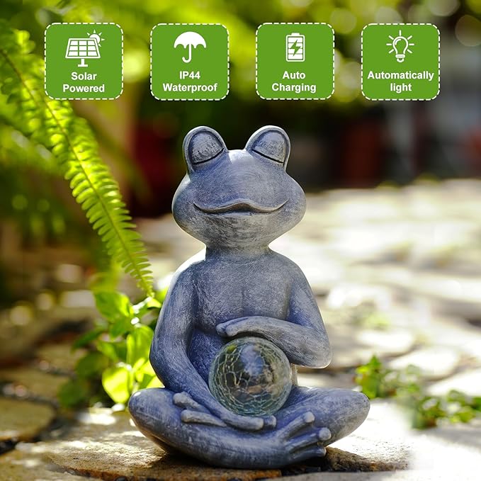 Meditating Yoga Frog Statue with Solar LED Light Ball - 10L x 11.1H Zen Garden Frog Figurines for Home and Garden Decor, Frog Decorations Gift Ideas, Frog Gifts for Women Mom