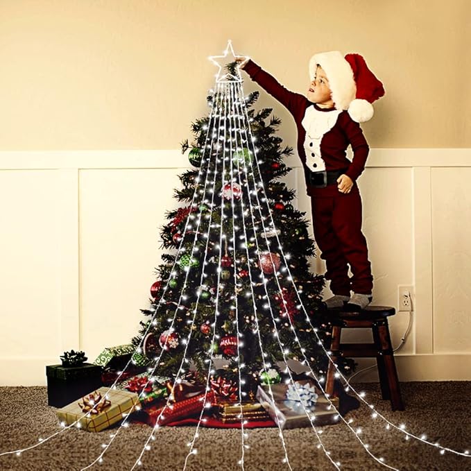 Christmas Decoration Lights, Outdoor Christmas String Lights 320 LED 11.5 Ft Waterfall Tree Lights with Big Star Topper 8 Light Modes for Christmas New Year Holiday Garden Yard Indoor Outdoor Decor