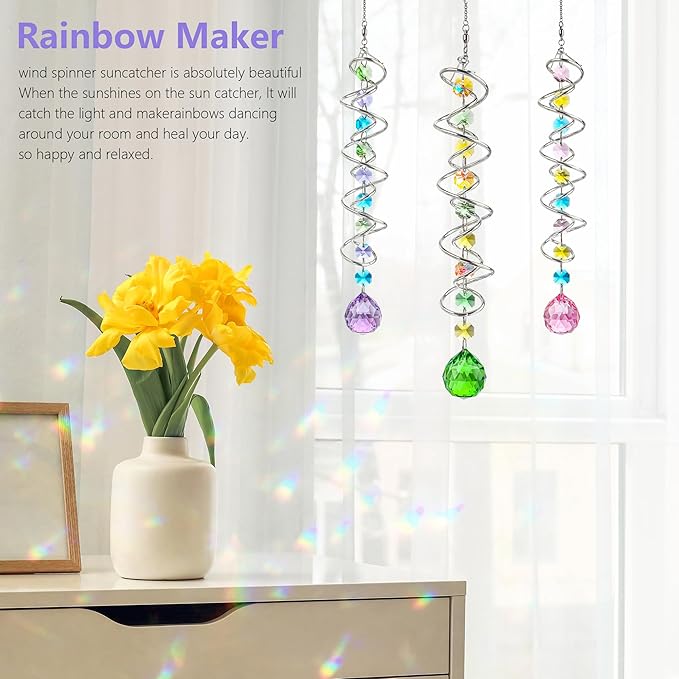 H&D HYALINE & DORA Set of 3 Crystal Sun Catcher for Window Hanging Double-Spiral Gazing Ball Spiral Tail Rainbow Maker Wind Spinners Outdoor for Garden, Patio, Porch, Christmas