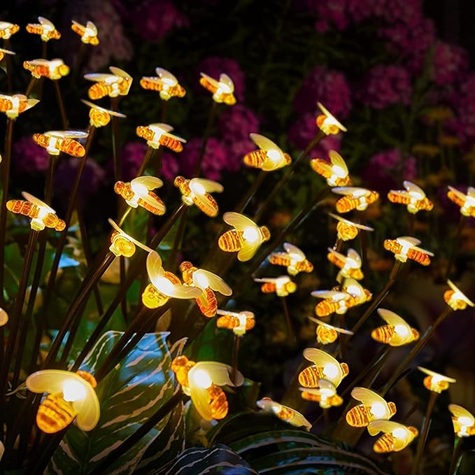 32 LED Spring Bee Garden Lights Solar Powered Honeybees Outdoor Decorations Swaying Lights Waterproof Solar Firefly Landscape Lights Warm Yellow for Pathway Yard Lawn Patio Walkway Courtyard(4Pack)