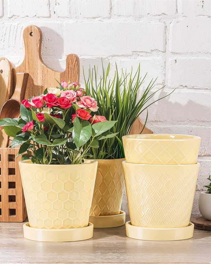 Ceramic Plant Pots –5 inch Indoor Flower Pot with Drainage Hole and Ceramic Tray - Gardening Home Desktop Office Windowsill Decoration Gift, Set of 4-Plants NOT Included(Yellow)