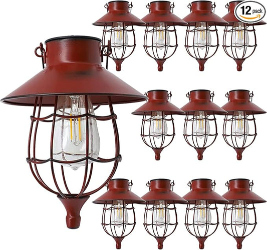 YAKii 12 Pack Solar Lantern Hanging Waterproof Outdoor Metal Solar Lamp with Warm White Light Decorate for Yard Garden Pathway Patio Porch Decor (Red)