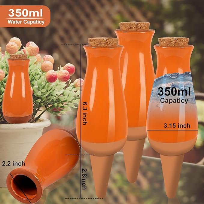 4 Packs Plant Watering Globes, Self Watering Planter Insert, Clay Plant Watering Devices, Self Watering Pots for Indoor Plant, Automatic Watering Bulbs Drip Irrigation for 1 Week Easy to Refill-Orange