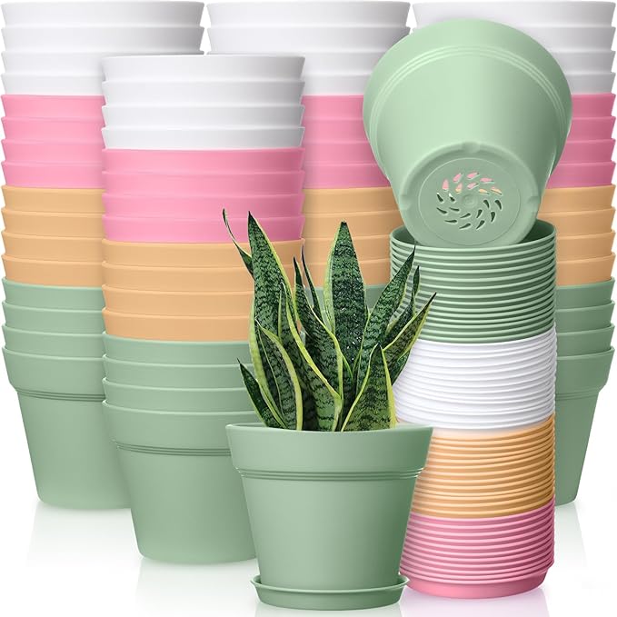 Mumufy 54 Pack 4 Inch Plant Pots Bulk Small Planter with Drainage Hole and Saucer Small Plastic Pots for Flowers Succulent Cactus and All House Indoor(Colorful)