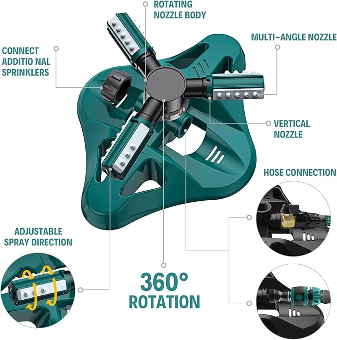 Lawn Sprinkler,Upgrade Garden Sprinkler Automatic 360 Degree Rotating Irrigation Grass Water Sprinkler System, Garden Hose Sprinkler for Yard/Built in 36 Units Angle Spray Nozzles-2Pack(Green)