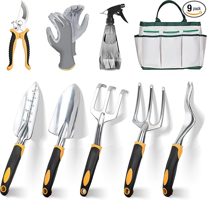 Garden Tools, 9 Piece Heavy Duty Gardening Tools Set with Non-Slip Rubber Grip, Stainless Steel Garden Tool, Gifts for Kids, Women, Husbands, and Parents