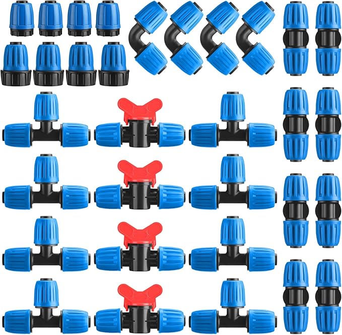 32 Pcs 1/2" Tubing Irrigation Fittings Kit 1/2" ID x 0.6-0.63" OD 16 mm Drip Irrigation Barbed Connectors 4 Switch Valves, 8 Tees, 8 Couplings, 4 Elbows, 4 Ends, 4 Adapters (Blue)