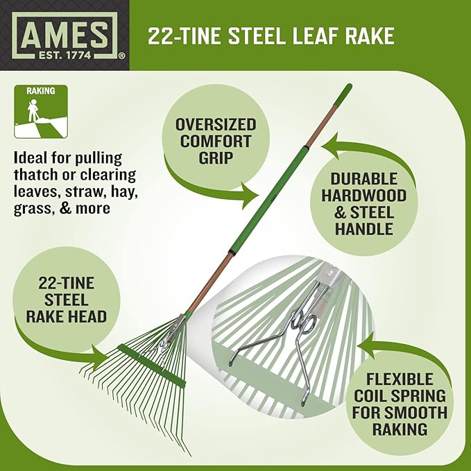 AMES 20201033 Steel Tine Leaf Rake with Hardwood/Steel Handle, 22 Tines