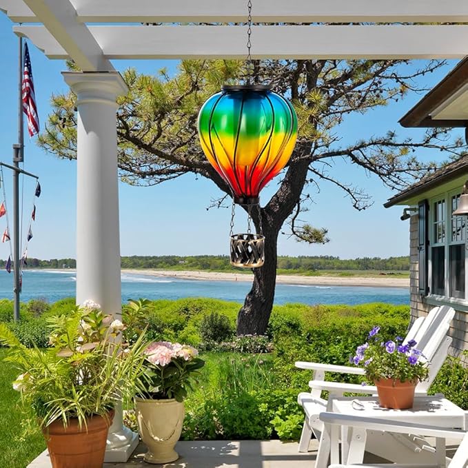 Starsoul Glass Hot Air Balloon Solar Lantern with Flickering Flame Light Colorful Solar Powered Hot Air Balloon Lamp Waterproof Hanging Solar Lantern for Garden Yard Patio Porch Decor