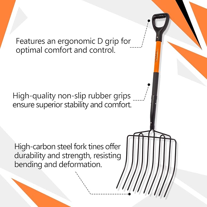 Pitch Fork for Gardening, 10 Tines Wide Pitch Fork with Fiberglass Handle, Heavy Duty Pitch Fork for Bedding, 45 Inches